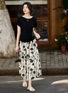 XZCV【减龄时尚套装裙】25夏装宽松针织T印花松紧腰半身裙两件套