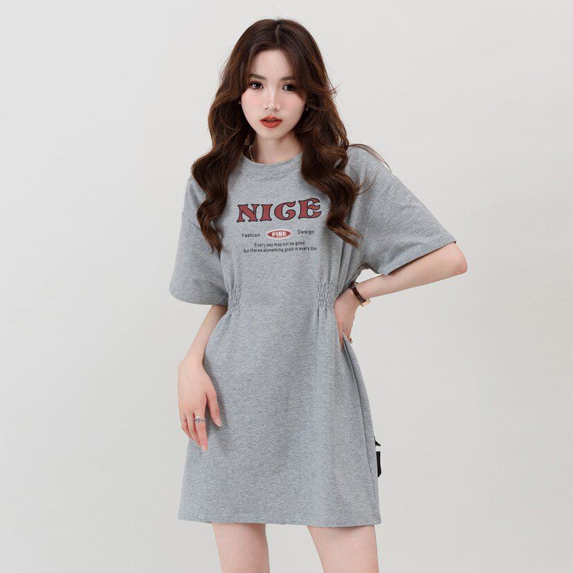 XZCV美式复古女款时尚印花收腰显瘦休闲圆领短袖连衣裙