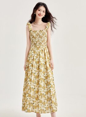 xzcv法式复古碎花吊带长裙2024夏季海边度假方领背心气质连衣裙