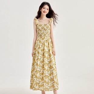 xzcv法式复古碎花吊带长裙2024夏季海边度假方领背心气质连衣裙