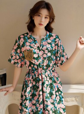 XZCV 2025夏李复古时尚休闲百搭碎花薄款宽松中长款连衣裙女