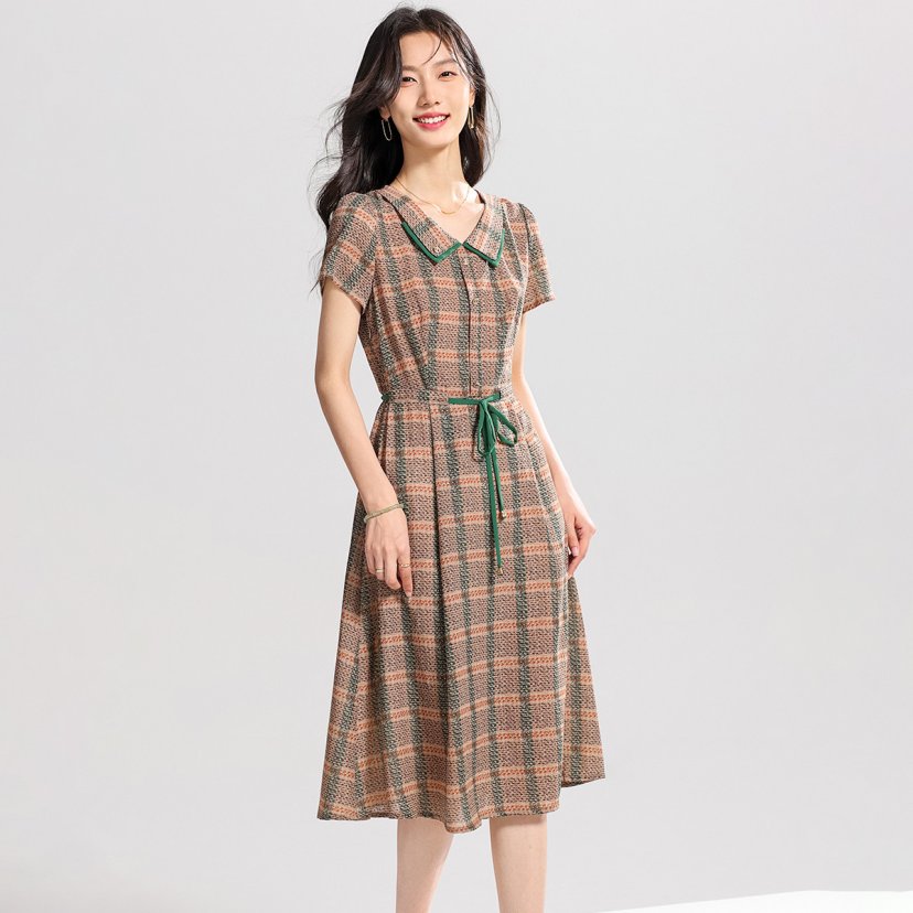 xzcv格纹连衣裙女时尚女夏装优雅气质百搭时尚休闲显瘦A字裙