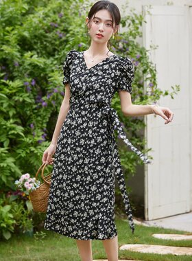 xzcvV领法式碎花连衣裙女夏季复古显瘦百搭轻熟风A字裙