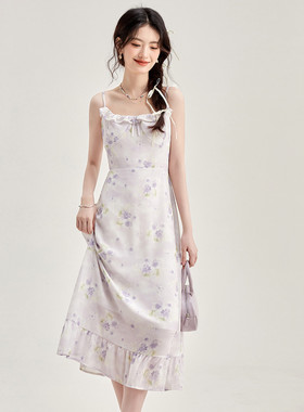 XZCV法式浪漫碎花裙25夏款蕾丝拼接斜裁鱼尾裙连衣裙