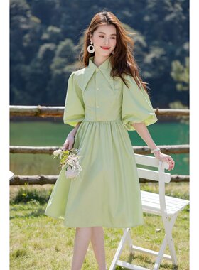 XZCV法式甜美温柔衬衫裙夏季翻领泡泡袖收腰减龄连衣裙