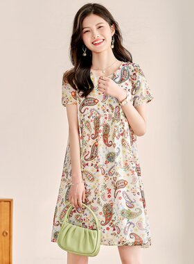 XZCV轻熟风,2025百搭大气迷人斑斓雪纺印花宽松高腰短袖连衣裙