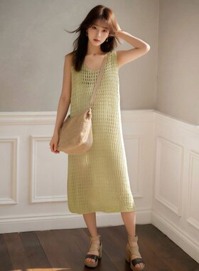 XZCV2025年春夏季宽松长裙吊带镂空设计感女式针织衫连衣裙