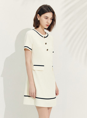 xzcv小香风连衣裙女夏款OL通勤气质撞色圆领短裙子