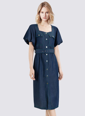 xzcv复古天丝方领泡泡袖收腰牛仔连衣裙女小个子