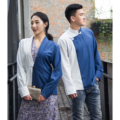 2020新款原创设计藏装上衣男藏式衬衣简约大气女时尚拼色情侣装夏