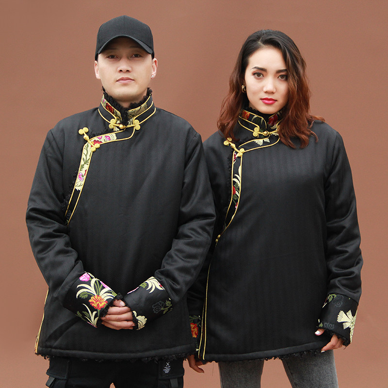남성과 여성을 위한 티베트 재킷 새로운 겨울 의류 남성을 위한 티베트 재킷 티베트 스타일 커플 고급 직물 및 벨벳 민족 스타일