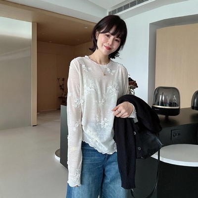 大码圆领重工蕾丝刺绣长袖t恤