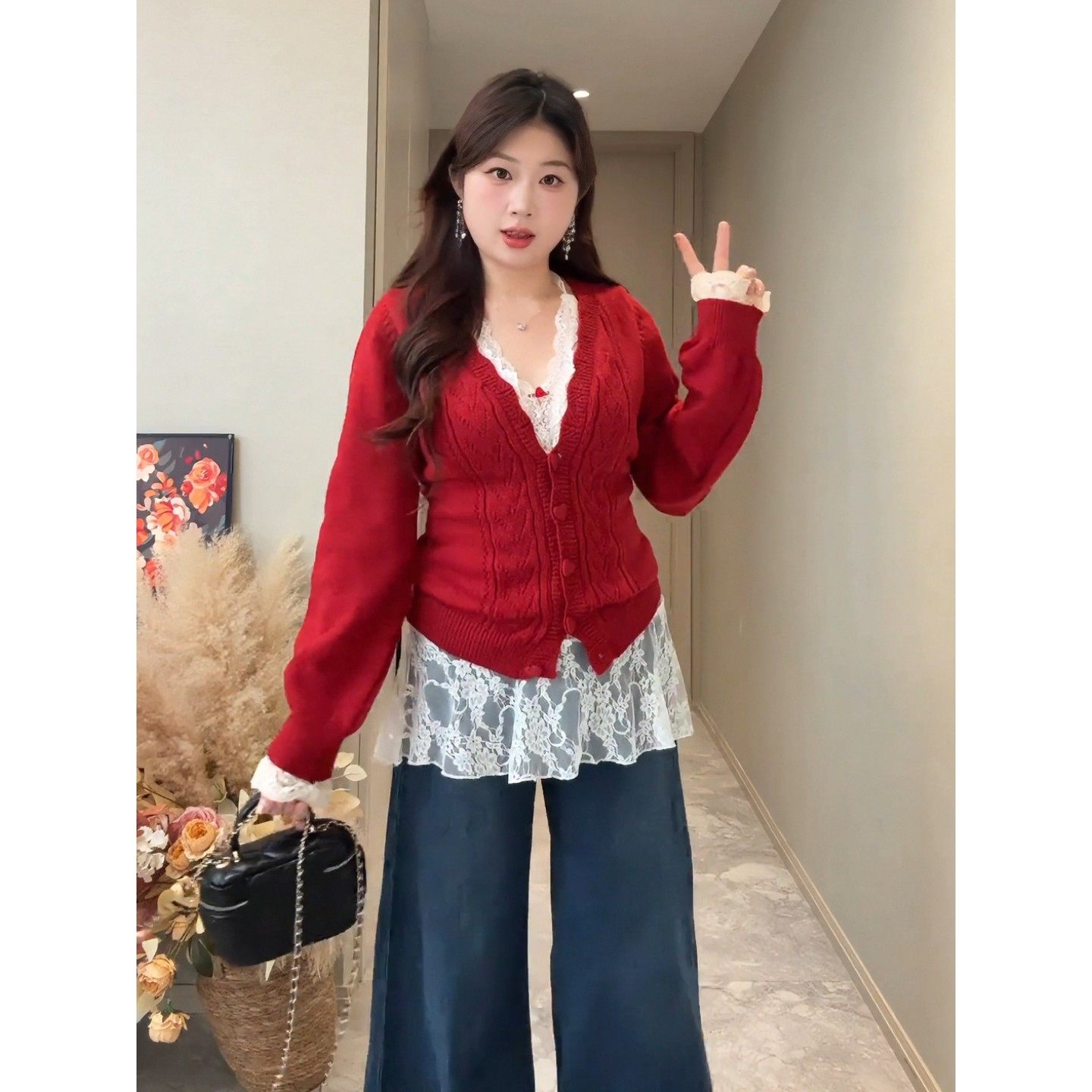 大码胖mm秋冬氛围感红色毛衣2025新款内搭蕾丝背心叠穿两件套上衣,女装/女士精品,毛衣,淘宝优惠券,粉丝福利购,淘宝优惠卷