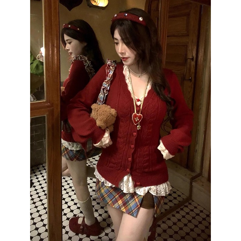 大码胖MM酒红色修身显瘦针织开衫