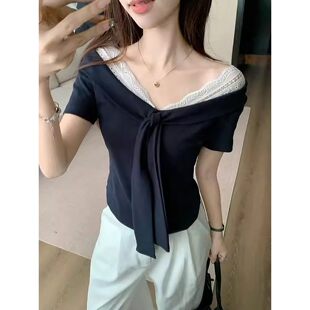 新款 t恤女夏季 休闲百搭遮肉显瘦上衣 胖MM纯欲蕾丝v领正肩短袖 大码