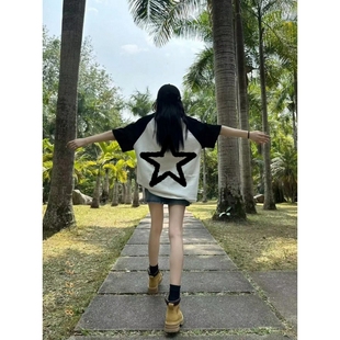 拼接美式 特大码 插肩t恤宽松2025新款 200斤印花纯棉短袖 上衣 女夏季