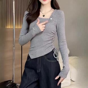 女装 正肩短款 不规则方领设计感长袖 胖MM修身 上衣 T恤2025新款 大码