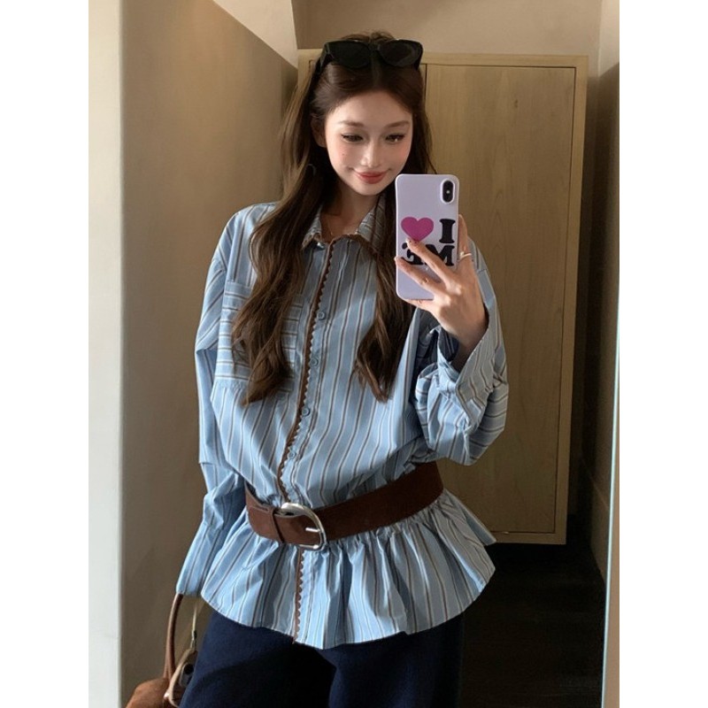 蓝色条纹高级感翻领长袖衬衫裙女秋季小个子bf慵懒风叠穿衬衣外套