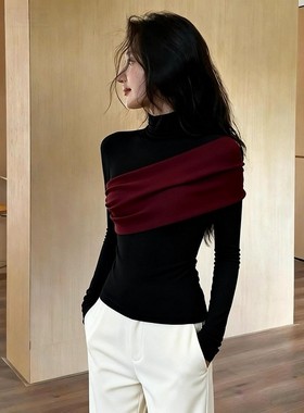巨好看的早秋穿搭2025轻熟气质御姐修身显瘦黑色拼接半高领上衣女
