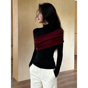 巨好看 显瘦黑色拼接半高领上衣女 早秋穿搭2025轻熟气质御姐修身