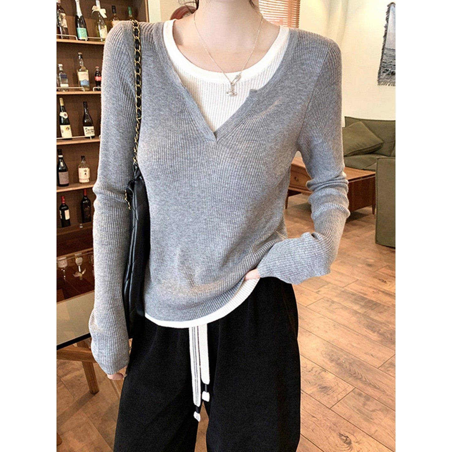 大码胖mm内搭撞色V领拼接假两件针织衫女春季新款修身显瘦上衣女,女装/女士精品,大码内搭,淘宝优惠券,粉丝福利购,淘宝优惠卷