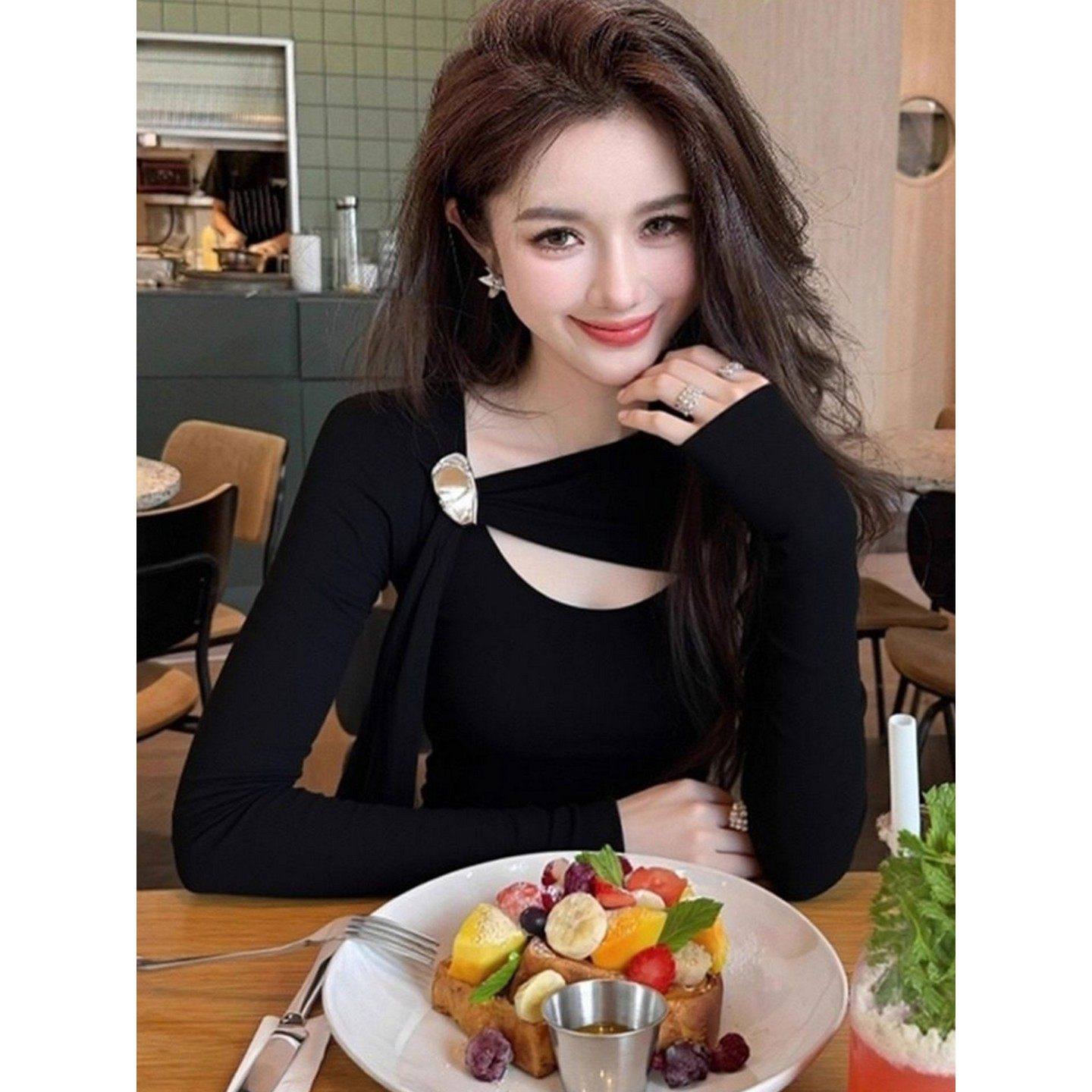 大码胖MM纯欲性感镂空黑色修身打底衫女春季新款飘带长袖内搭上衣,女装/女士精品,T恤,淘宝优惠券,粉丝福利购,淘宝优惠卷