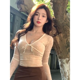 蝴蝶结系带短上衣 纯欲bm风修身 法式 微透性感小心机深v领女秋冬季