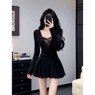 大码 休闲显瘦a字短裙 胖MM纯欲镂空蕾丝v领假两件连衣裙女秋冬新款