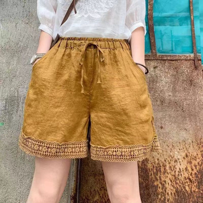复古亚麻短裤女蕾丝拼接松紧腰宽松休闲三分裤高腰显瘦黄色