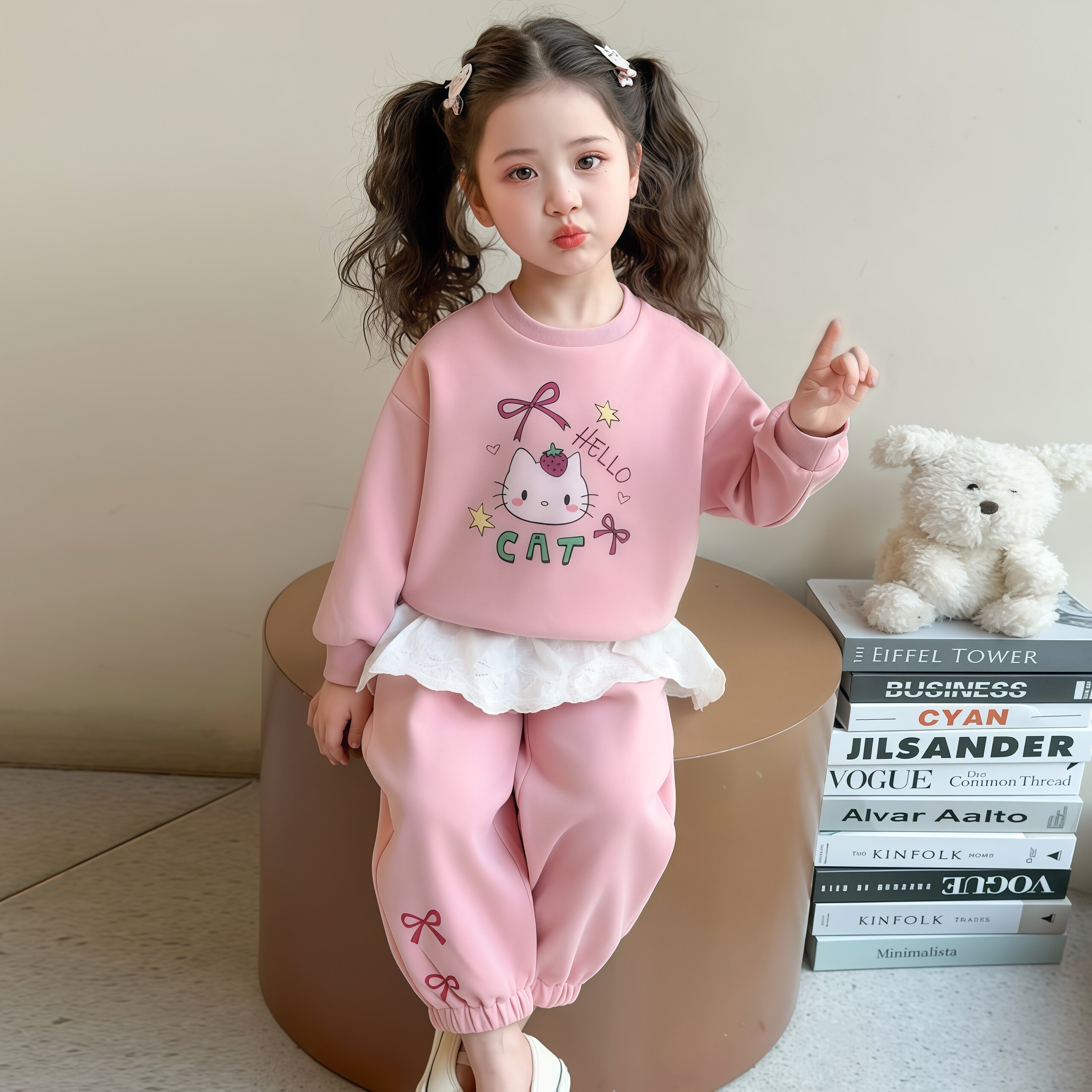 女童卫衣套装秋季2026新款洋气蕾丝裙摆打底衫女孩休闲运动两件套
