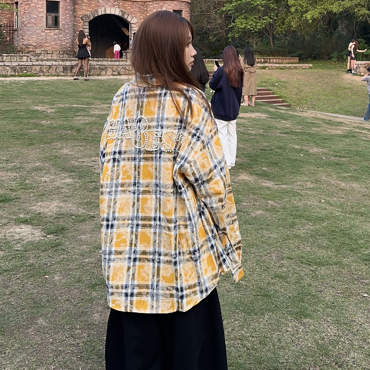 BCRA美式复古钉珠刺绣格子长袖衬衫男女春季宽松休闲情侣衬衣外套