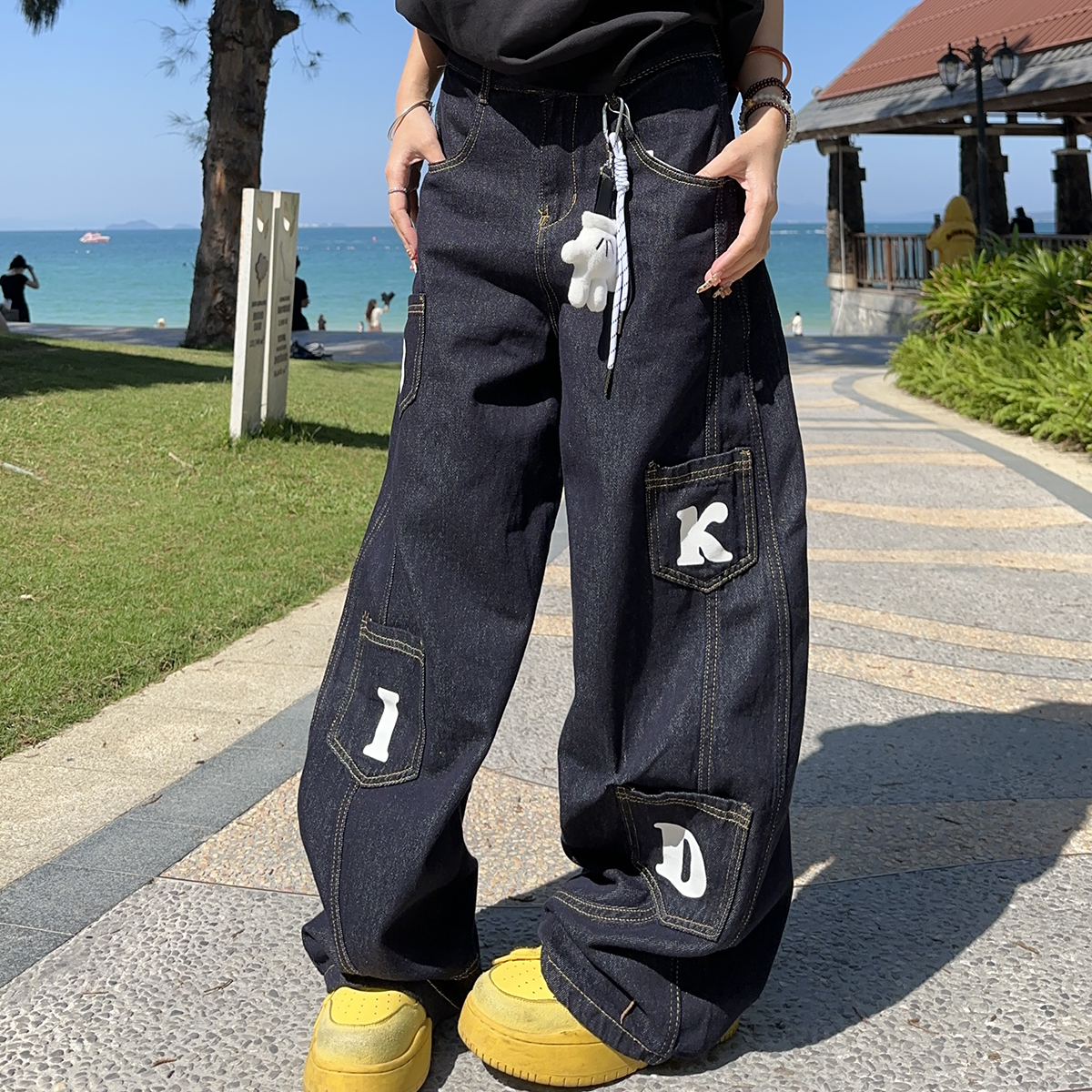 BCRA国潮美式复古阔腿弯刀牛仔裤男女宽松百搭多口袋字母廓形长裤