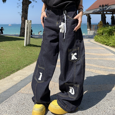 BCRA国潮美式复古阔腿弯刀牛仔裤男女宽松百搭多口袋字母廓形长裤