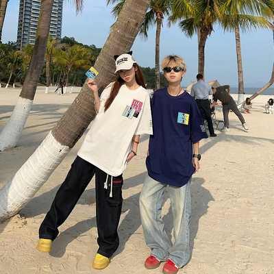 BCRA美式复古魔术贴刺绣短袖T恤男女夏季国潮牌宽松休闲情侣上衣T