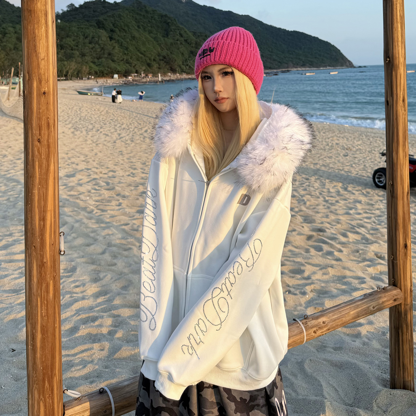 BCRA原创美式复古毛领加绒连帽卫衣男女冬季宽松休闲情侣开衫外套