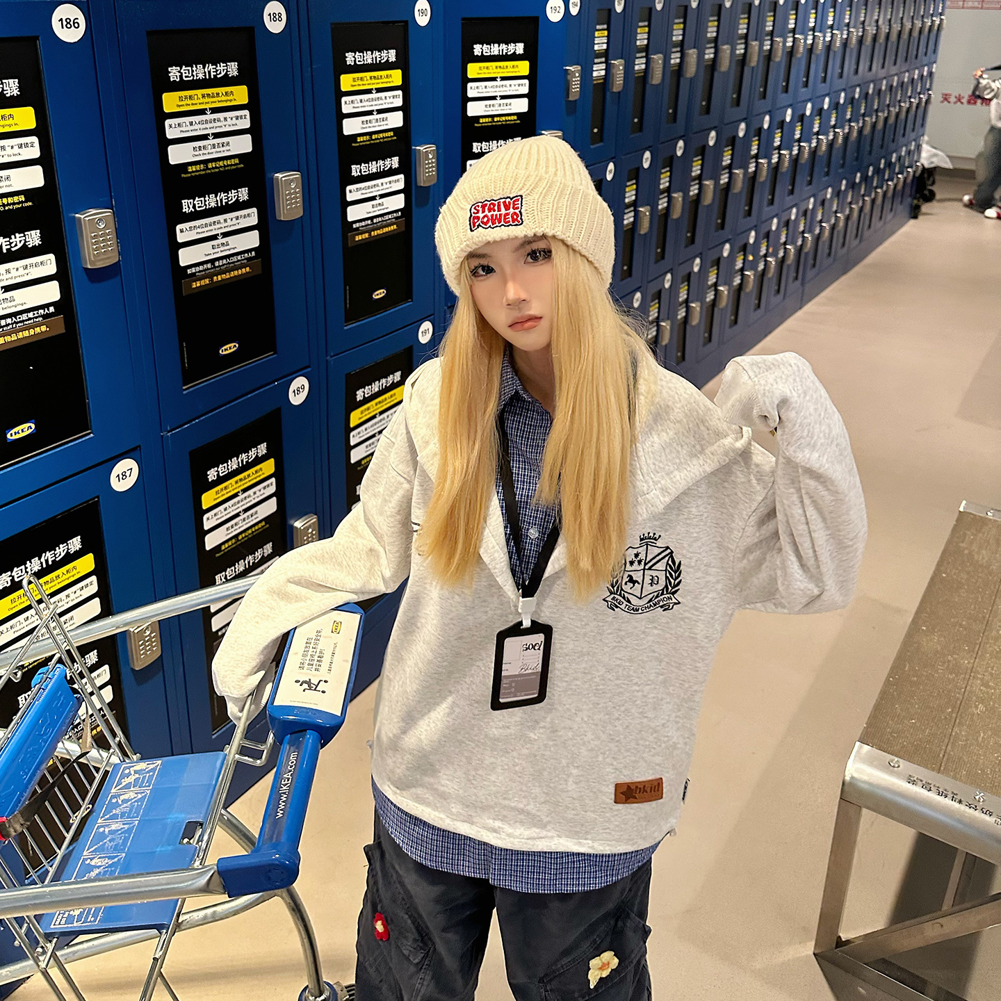 BCRA美式复古格子假两件衬衫拼接连帽卫衣男女宽松情侣学院风外套