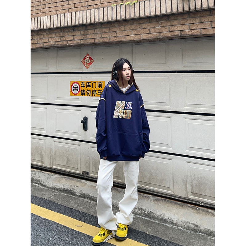 BCRA美式复古刺绣字母连帽卫衣男女秋季宽松情侣慵懒风帽衫上衣潮