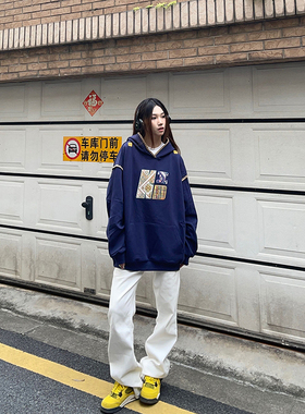 BCRA美式复古刺绣字母连帽卫衣男女秋季宽松情侣慵懒风帽衫上衣潮