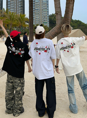 BCRA美式复古字母刺绣短袖T恤男女夏季宽松休闲重磅潮牌情侣上衣T