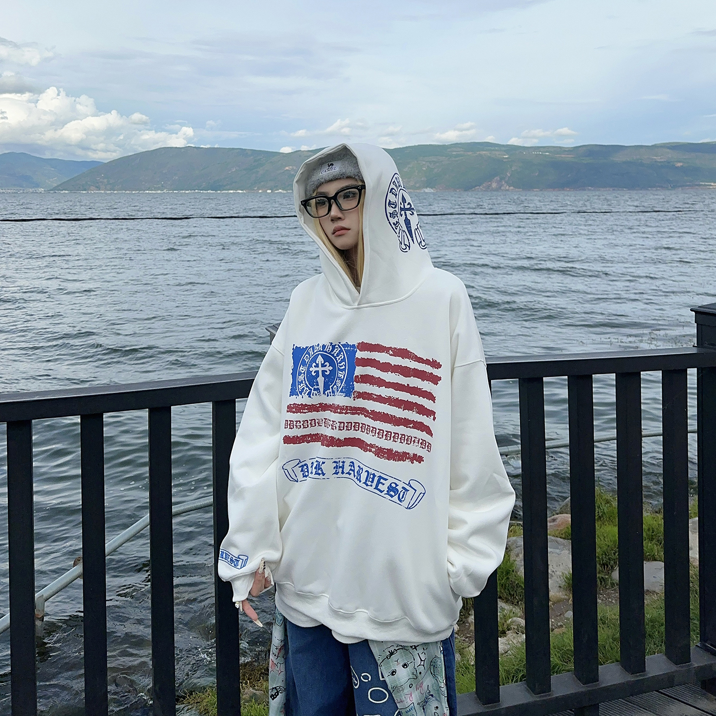 BCRA美式复古街头梵文字母印花连帽卫衣男女秋冬季宽松情侣帽衫潮