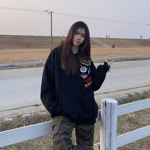 BCRA原创美式黑8刺绣连帽卫衣男女春秋冬加绒宽松休闲情侣帽衫ins