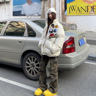 BCRA美式高街黑8毛巾绣棉服男女冬季加厚宽松情侣保暖面包服外套