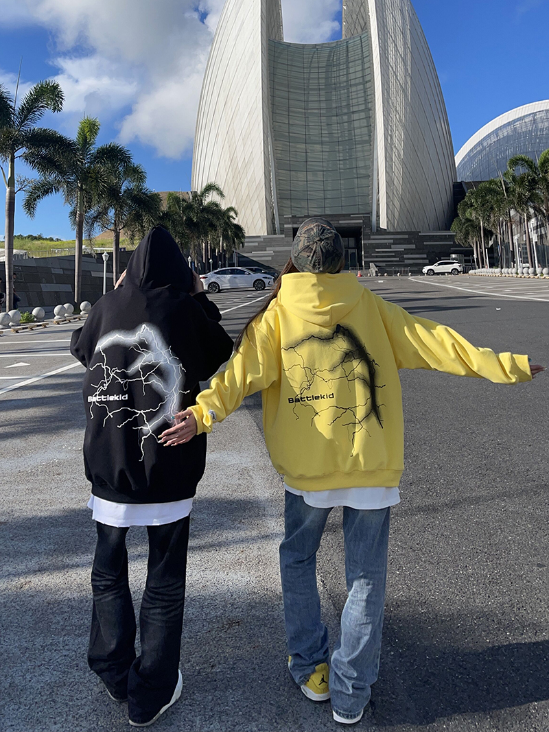 BCRA原创国潮牌闪电印花连帽卫衣男女秋冬季宽松休闲百搭情侣帽衫