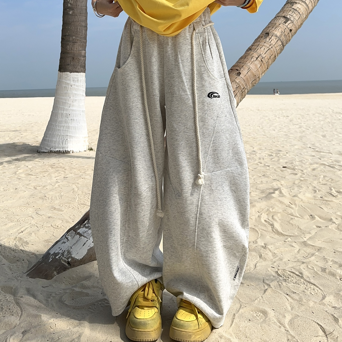 BCRA美式街头灰色绑带弯刀休闲裤男女宽松百搭阔腿卫裤拖地长裤潮