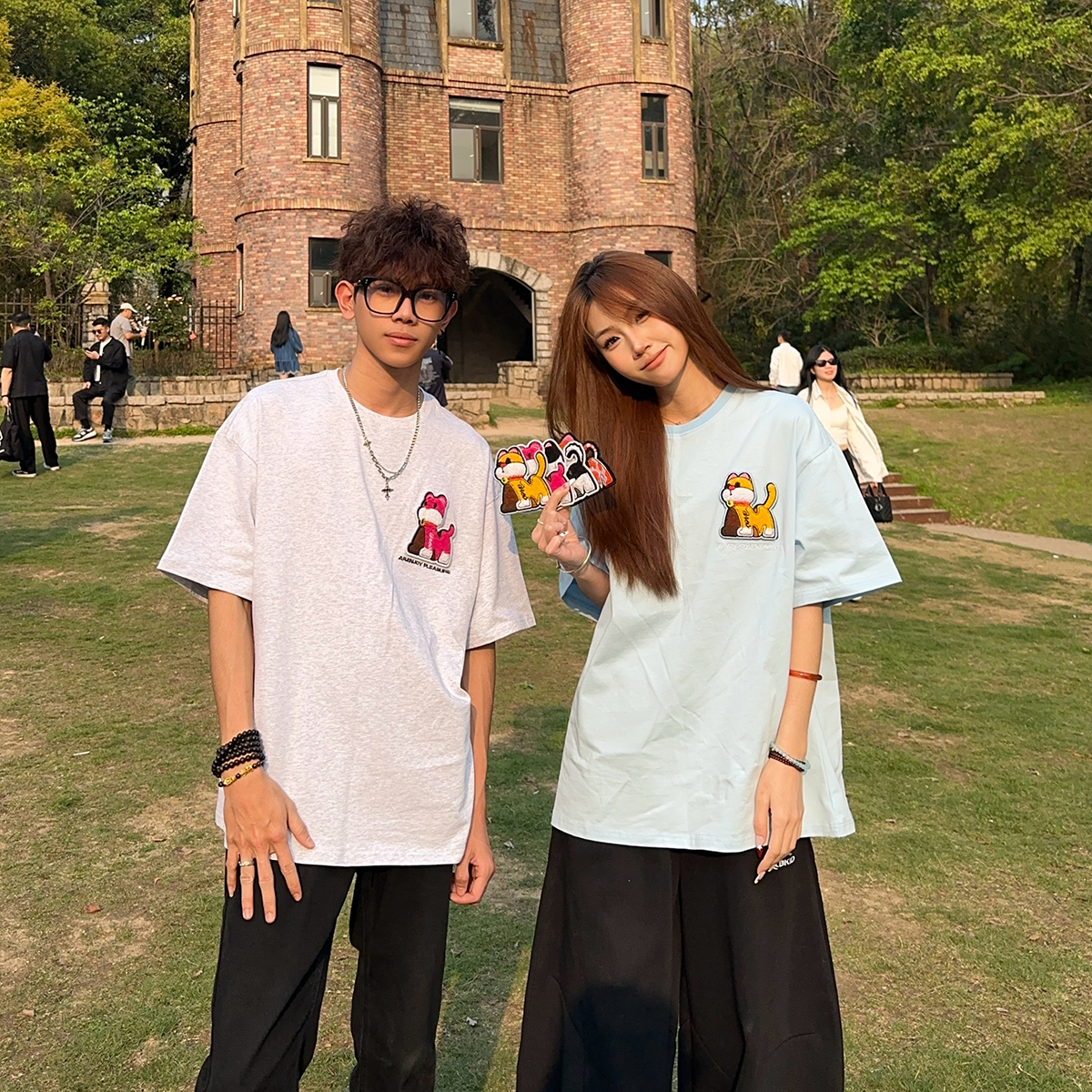 BCRA美式卡通小猫刺绣魔术贴短袖T恤男女夏季宽松休闲情侣上衣潮