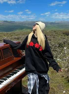 BCRA美式潮牌拼图立体刺绣连帽卫衣男女秋季宽松休闲百搭情侣帽衫