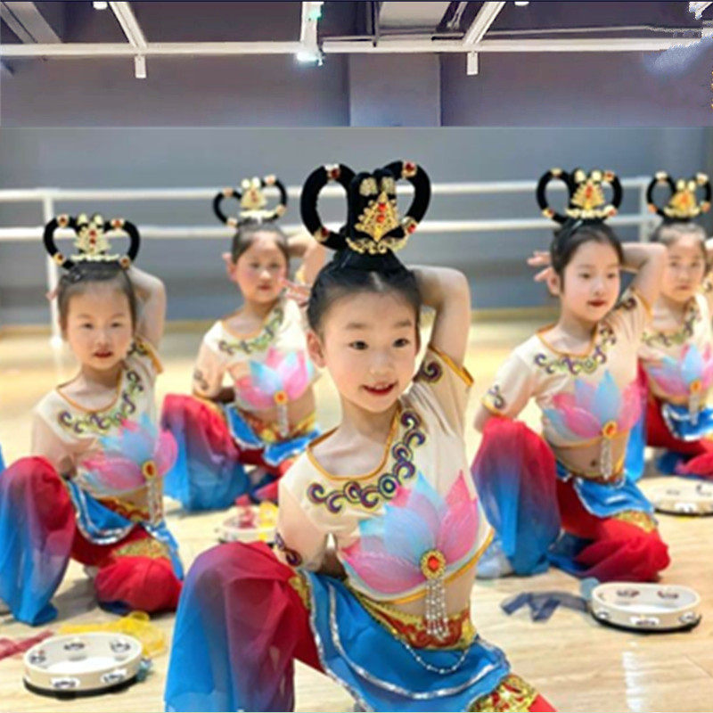 敦煌飞天乐鼓舞蹈演出服儿童古典舞表演服装妙音反弹琵琶手鼓道具
