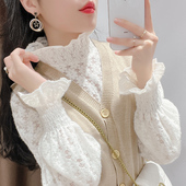 内打底袖 秋冬蕾丝磨毛高领毛衣网纱洋气女搭白色喇叭 加绒厚上衣衫