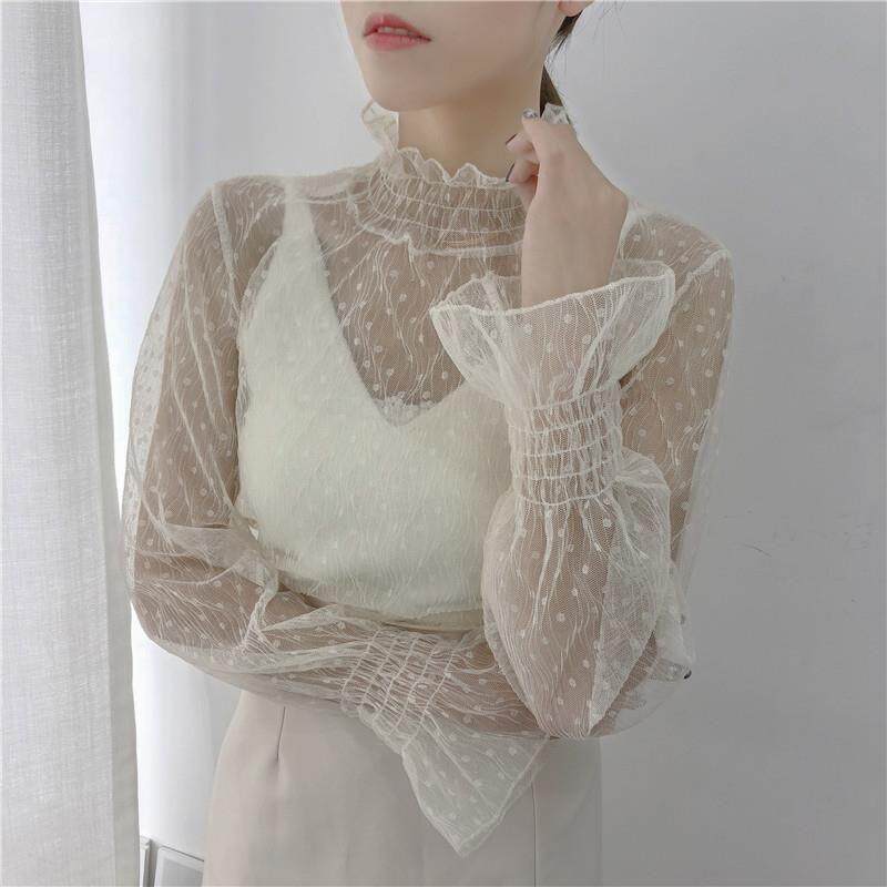 高领雪纺蕾丝打底衫女波点长袖薄款纱衣喇叭袖毛衣内搭网纱上衣女