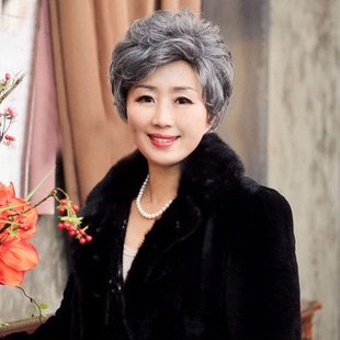 中老年花白假发短发女 慈祥妈妈 花白色 老年人卷发假发套 奶奶款